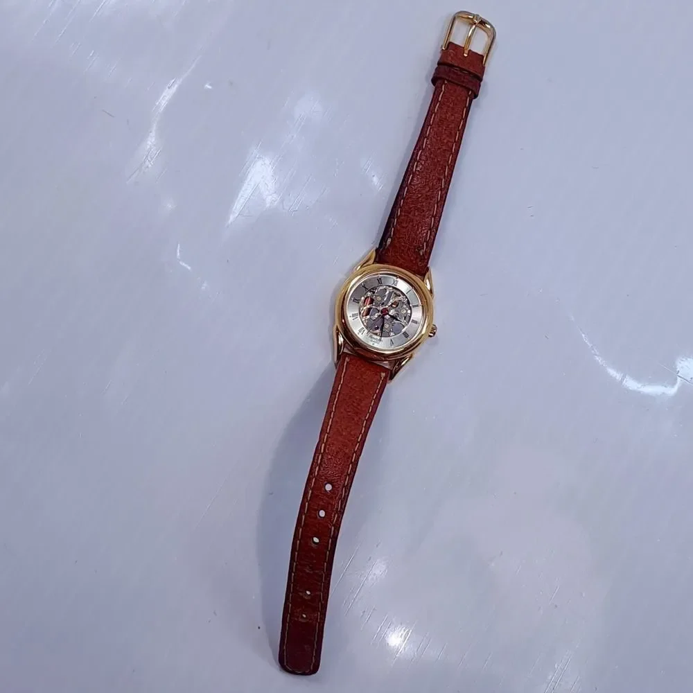 Armitron 25/4966F Skeleton Women Watch Genuine leather camel brown gold Quartz